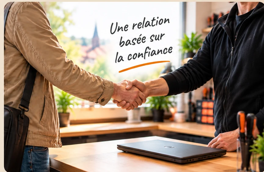Poignée de main entre un client et un technicien après une intervention informatique